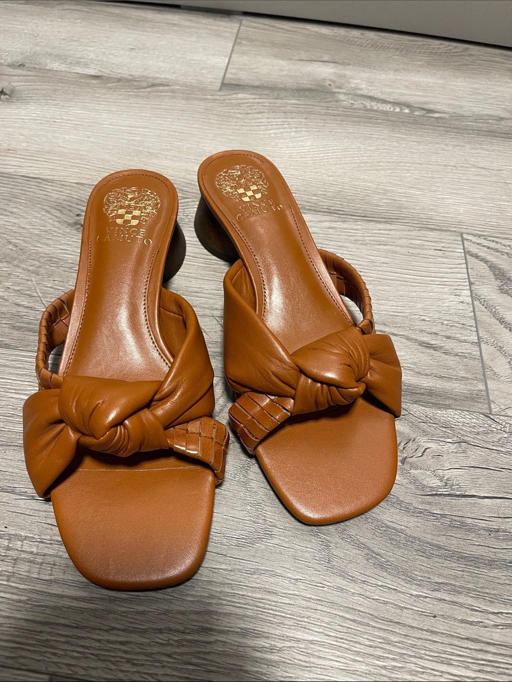 Vince Camuto Cognac Knotted Leather Slide Mules
